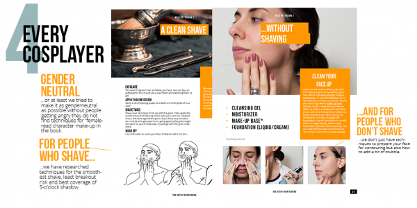 The image shows two pages from our cosplay make-up book which are for people who shave and for people who do not shave. It is to illustrate that we made a book for everyone